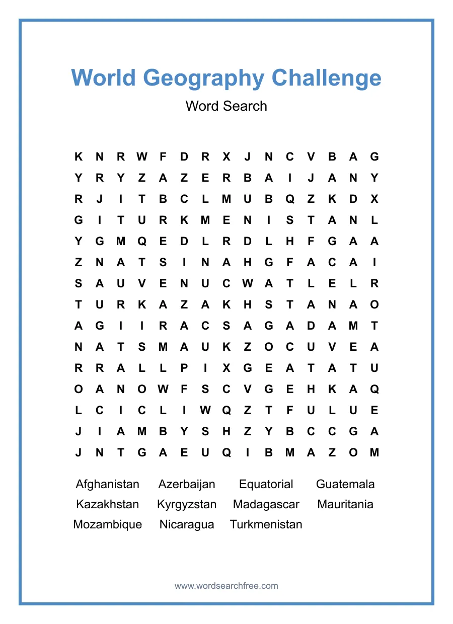 World Geography Challenge Word Search - Free printable puzzle with 11 words