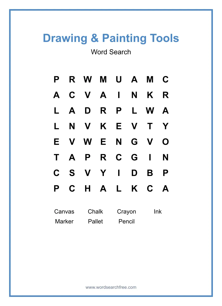 Drawing & Painting Tools Word Search - Free printable puzzle with 7 words