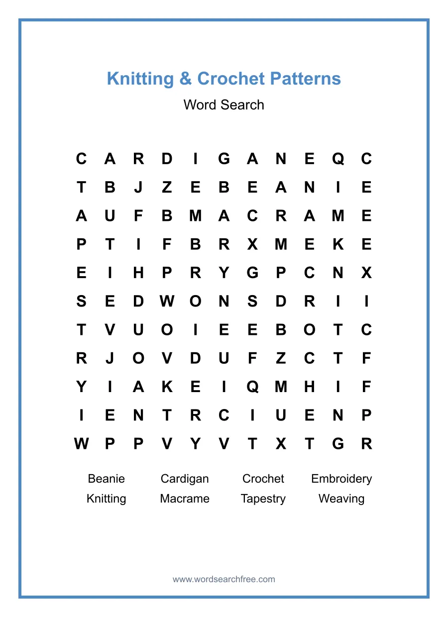 Knitting & Crochet Patterns Word Search - Free printable puzzle with 8 words