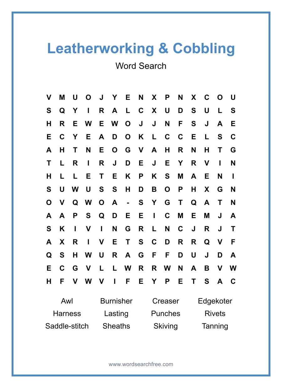 Leatherworking & Cobbling Word Search - Free printable puzzle with 12 words