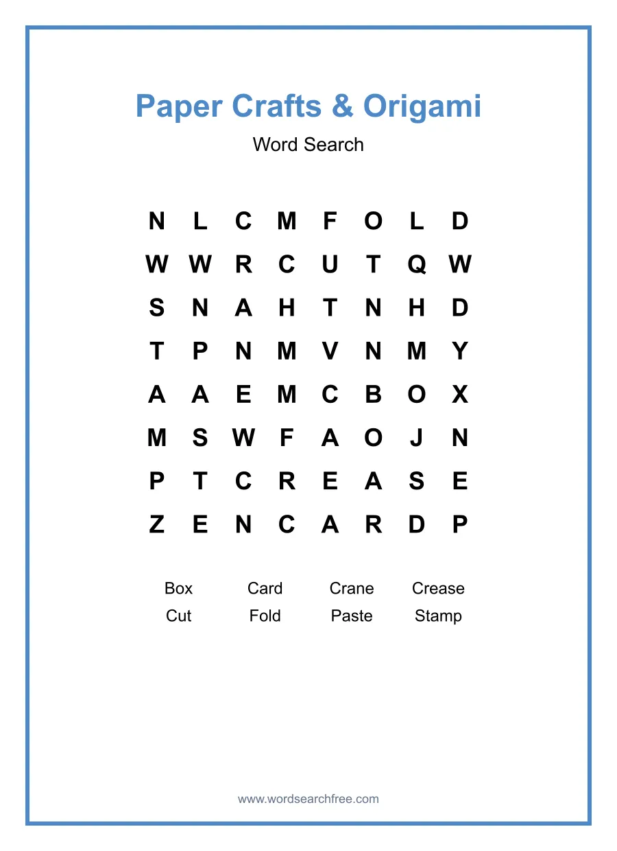 Paper Crafts & Origami Word Search - Free printable puzzle with 8 words