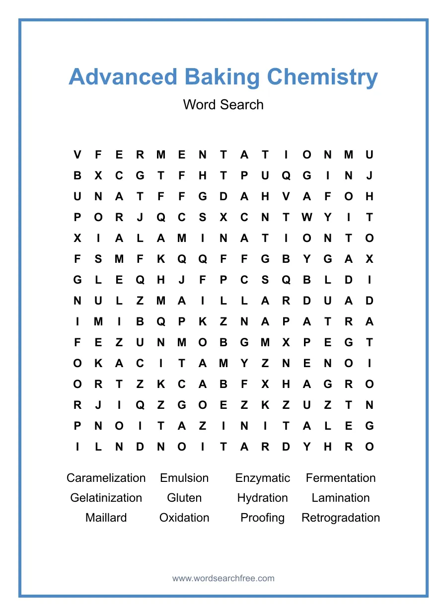 Advanced Baking Chemistry Word Search - Free printable puzzle with 12 words
