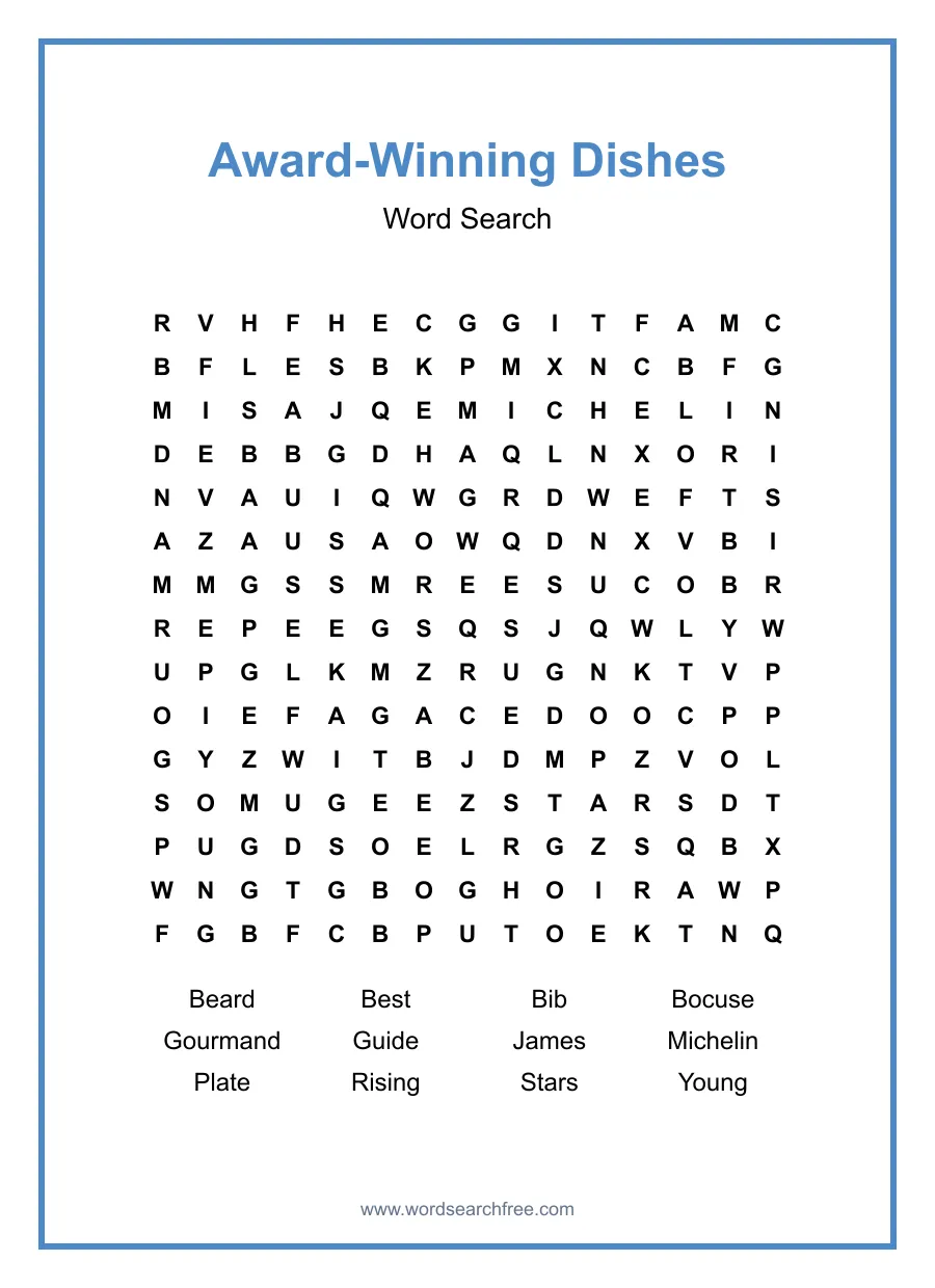 Award-Winning Dishes Word Search - Free printable puzzle with 12 words