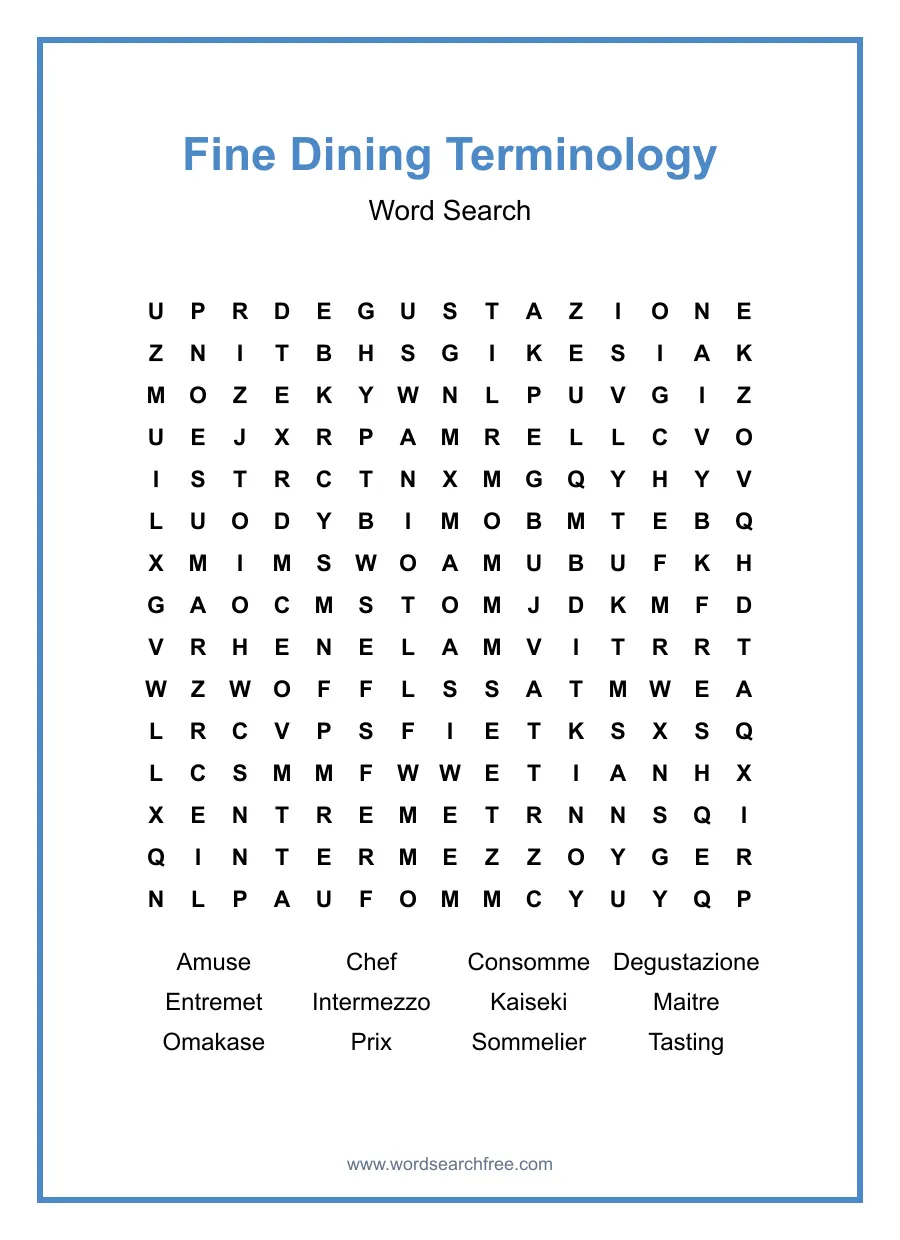Fine Dining Terminology Word Search - Free printable puzzle with 12 words