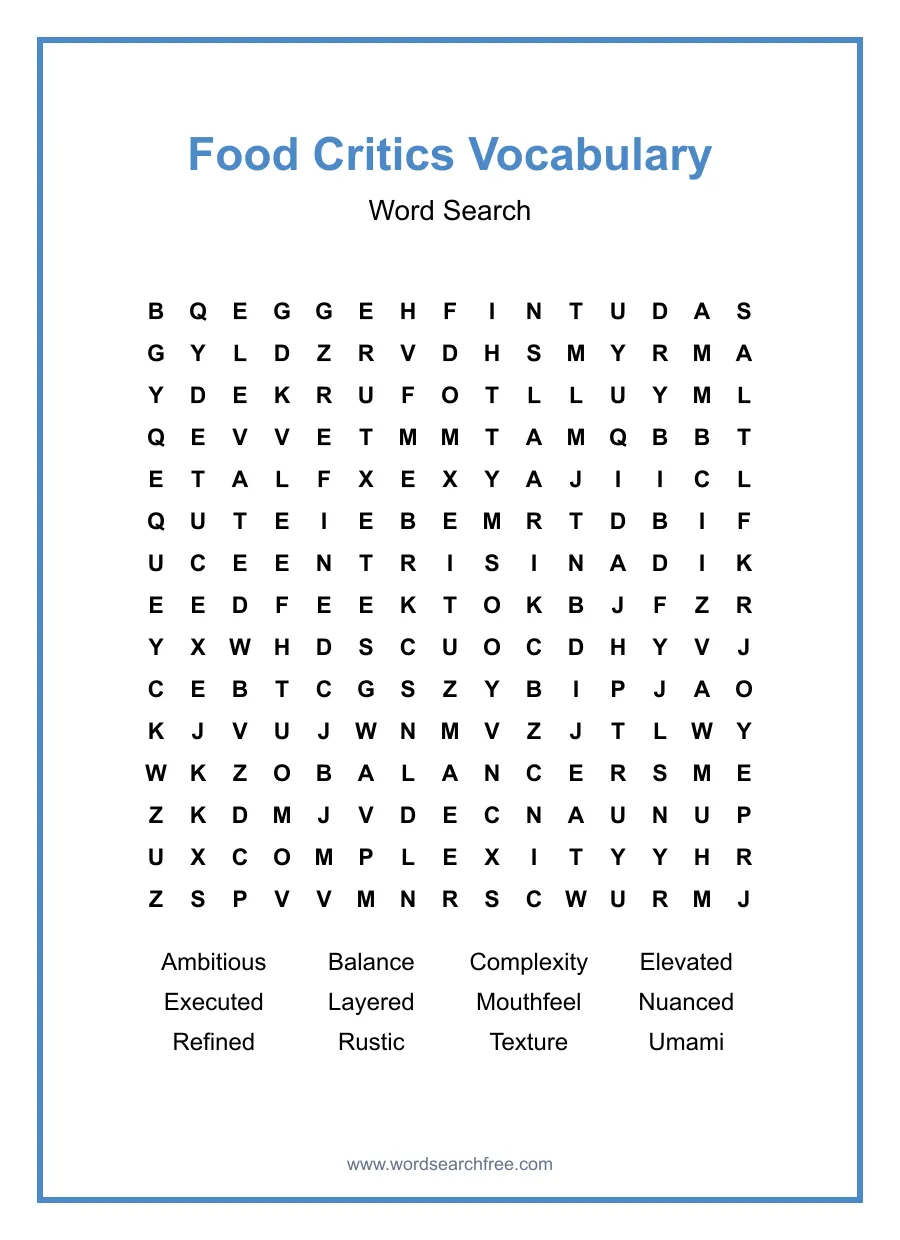 Food Critics Vocabulary Word Search - Free printable puzzle with 12 words