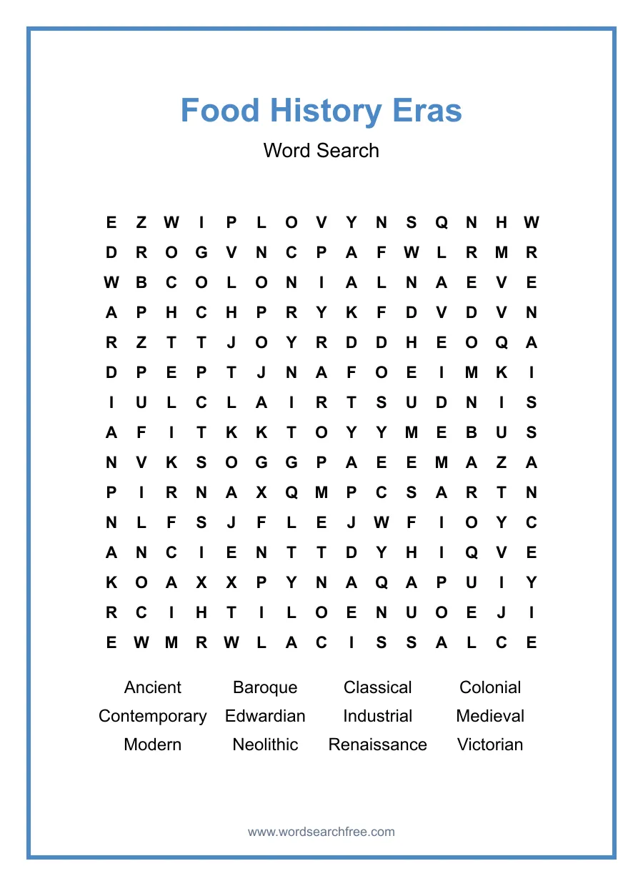 Food History Eras Word Search - Free printable puzzle with 12 words