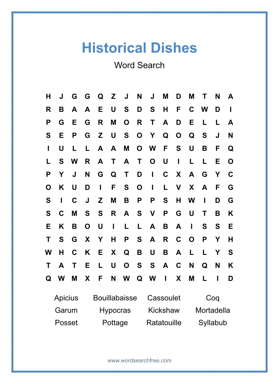 Historical Dishes Word Search - Free printable puzzle with 12 words