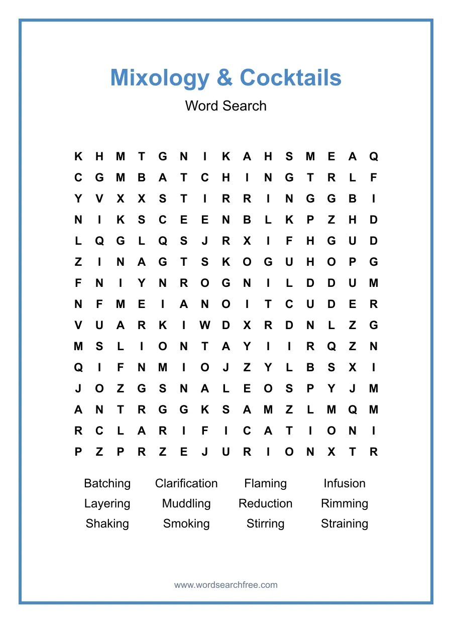 Mixology & Cocktails Word Search - Free printable puzzle with 12 words