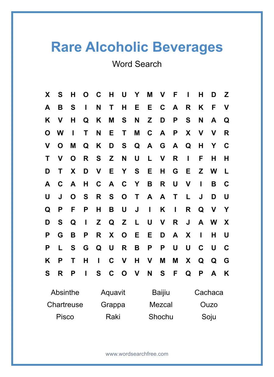 Rare Alcoholic Beverages Word Search - Free printable puzzle with 12 words