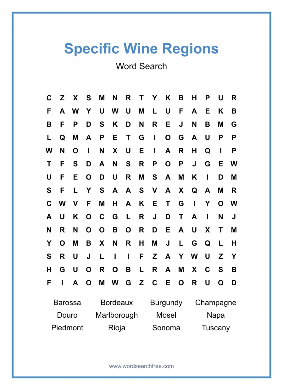 Specific Wine Regions Word Search - Free printable puzzle with 12 words