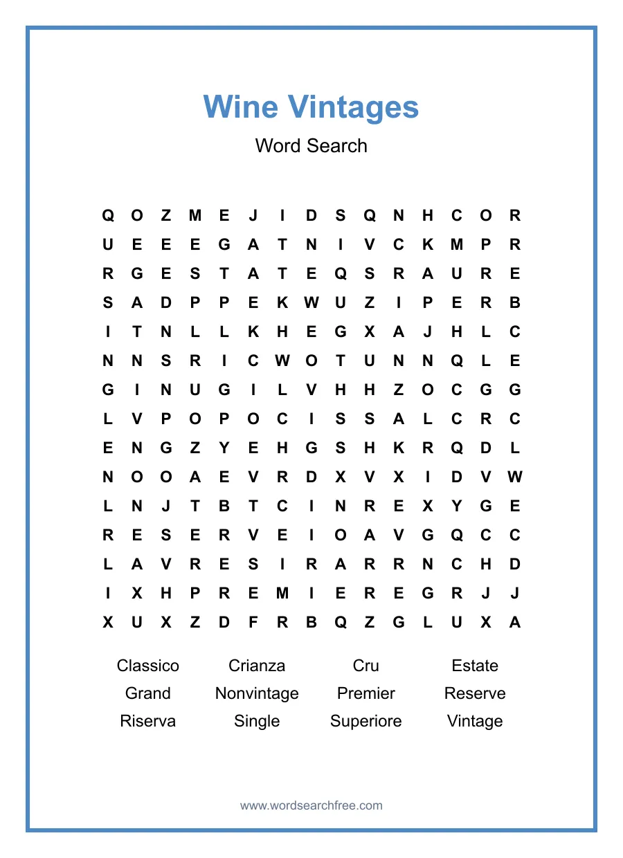 Wine Vintages Word Search - Free printable puzzle with 12 words