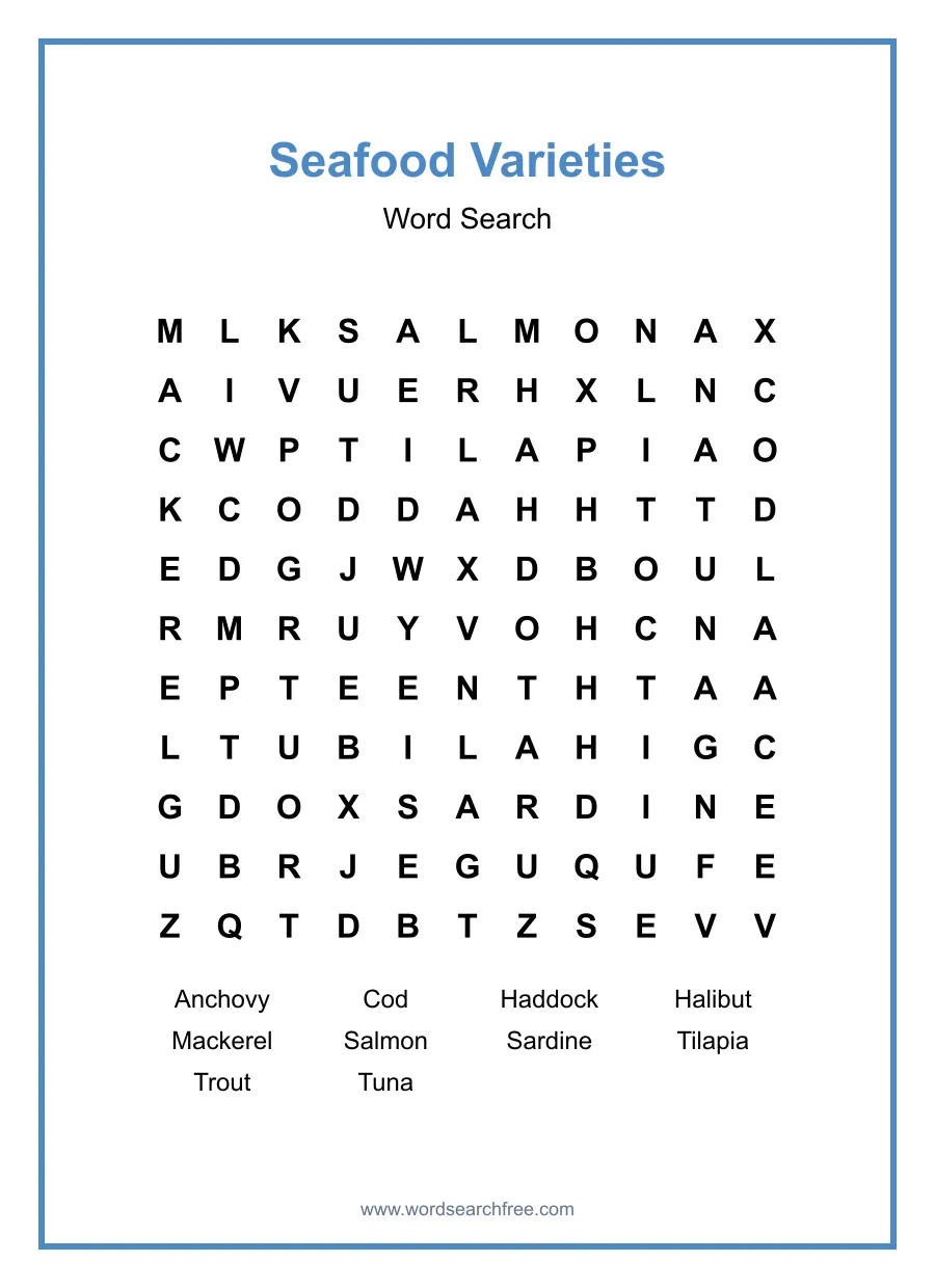 Seafood Varieties Word Search - Free printable puzzle with 10 words