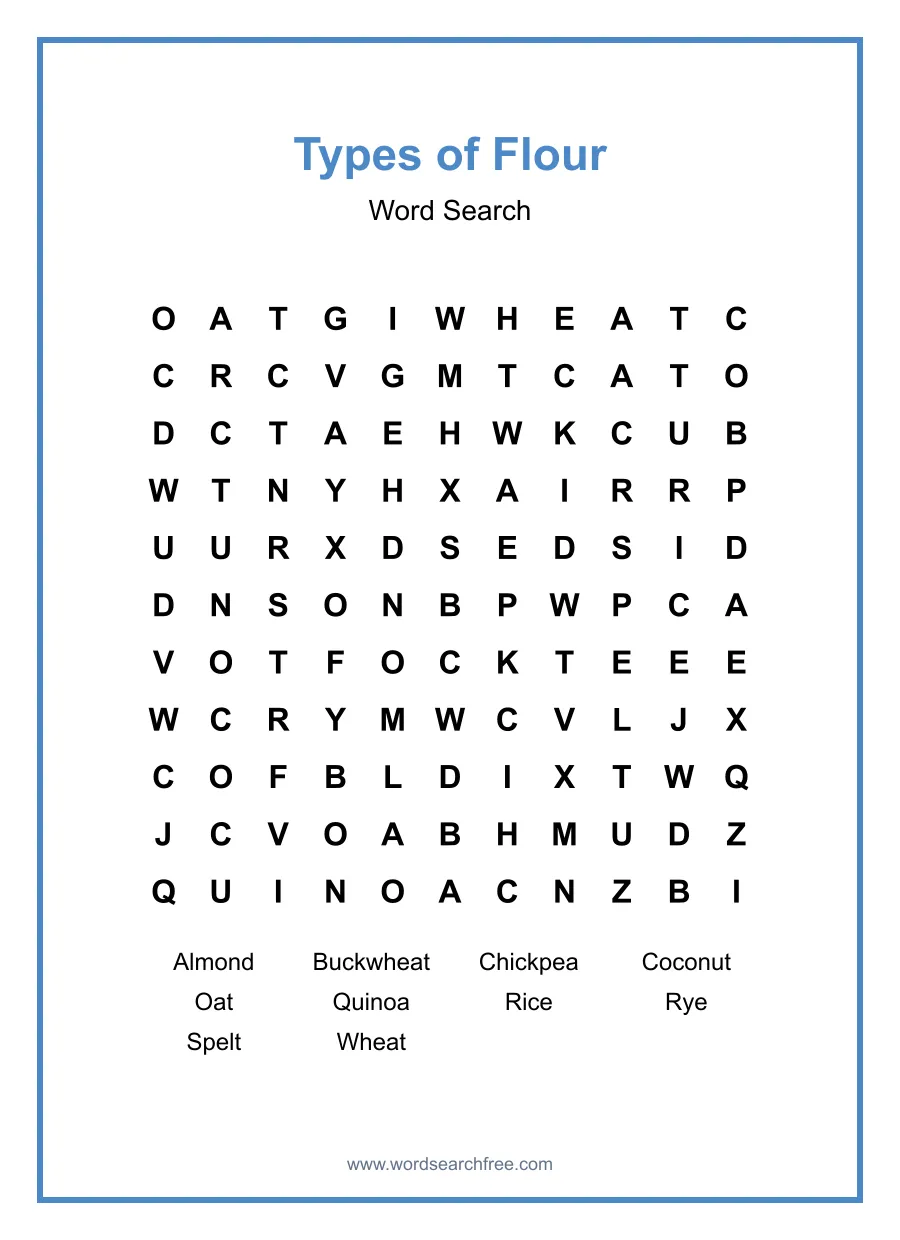 Types of Flour Word Search - Free printable puzzle with 10 words