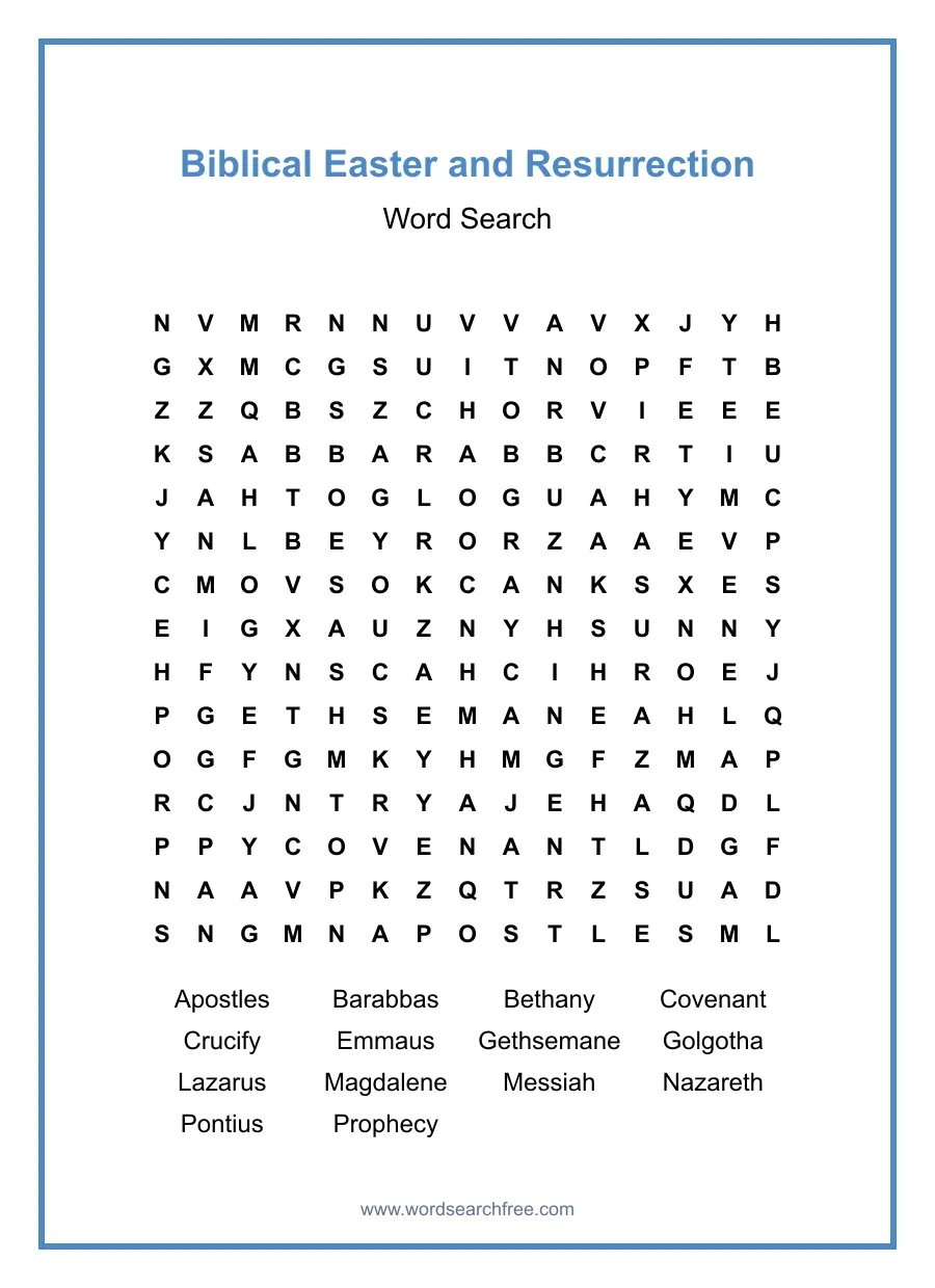 Biblical Easter and Resurrection Word Search - Free printable puzzle with 14 words