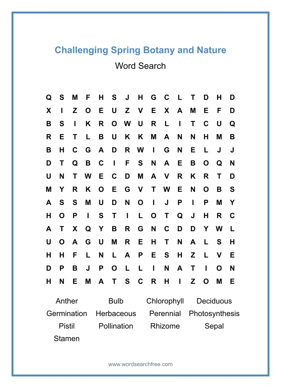 Challenging Spring Botany and Nature Word Search - Free printable puzzle with 13 words