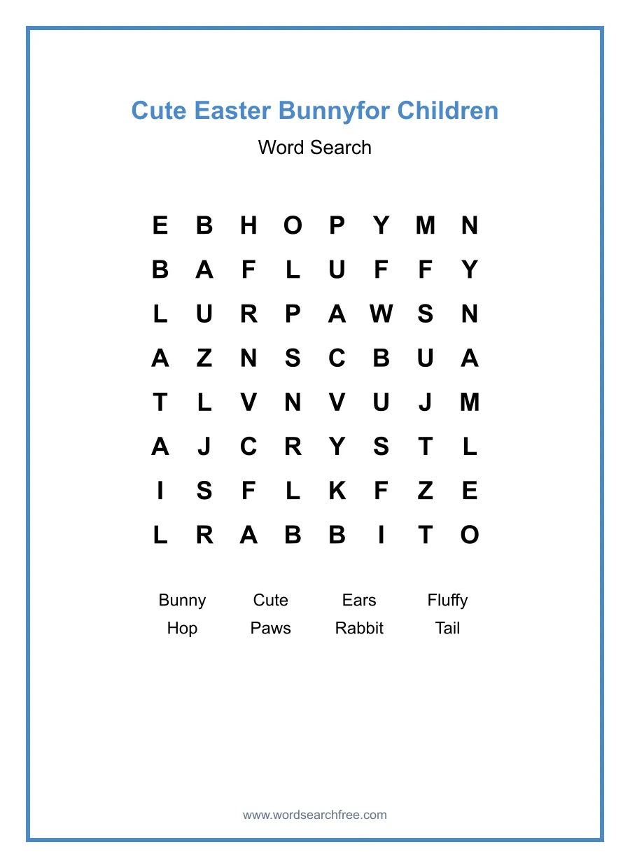Cute Easter Bunny Word Search for Children - Free printable puzzle with 8 words