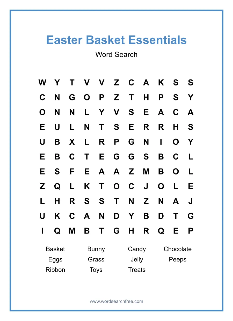 Easter Basket Essentials Word Search - Free printable puzzle with 11 words