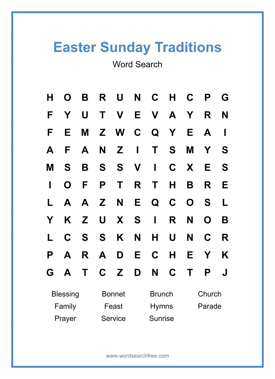 Easter Sunday Traditions Word Search - Free printable puzzle with 11 words