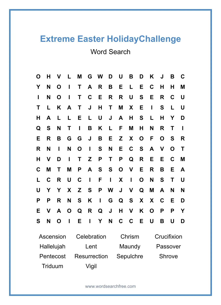 Extreme Easter Holiday Word Search Challenge - Free printable puzzle with 14 words