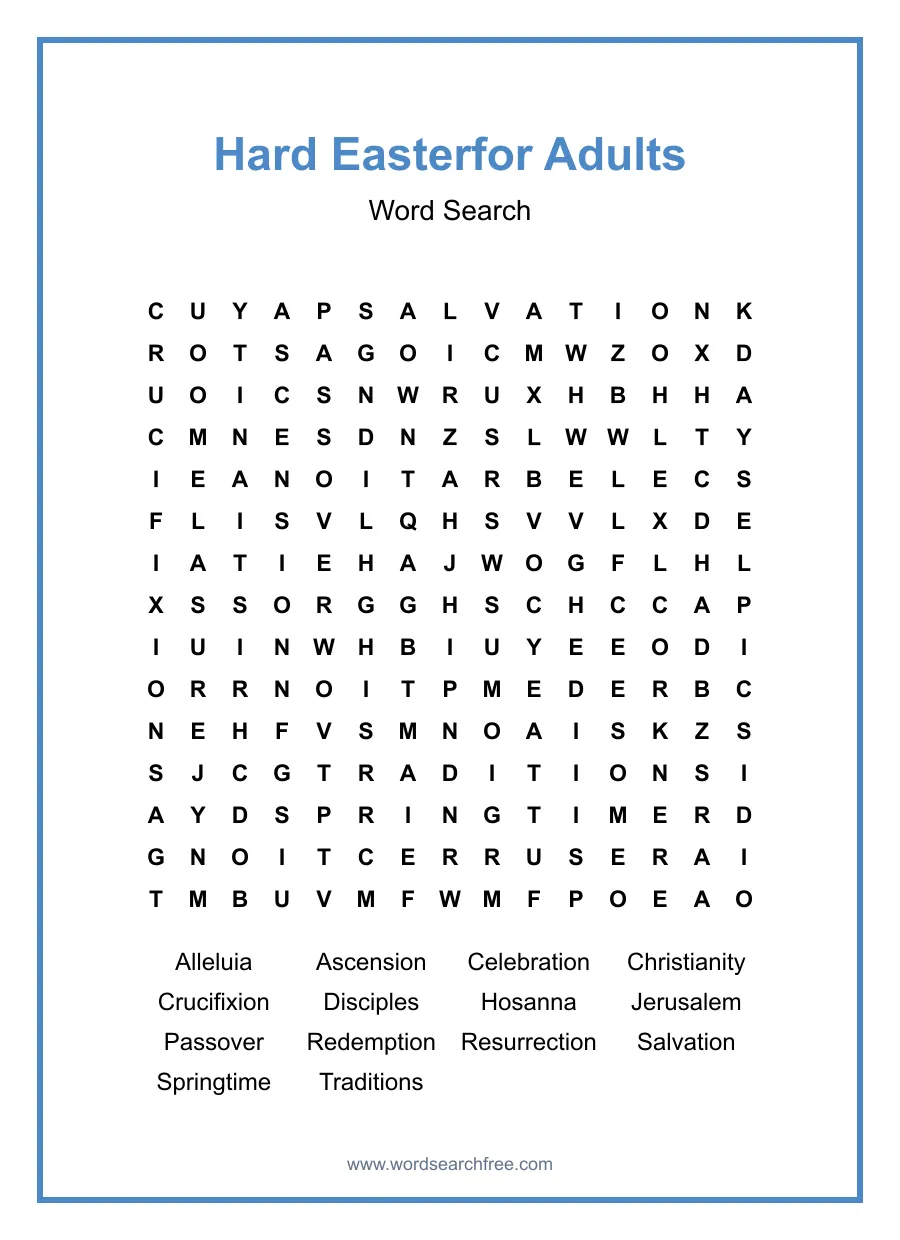 Hard Easter Word Search for Adults - Free printable puzzle with 14 words