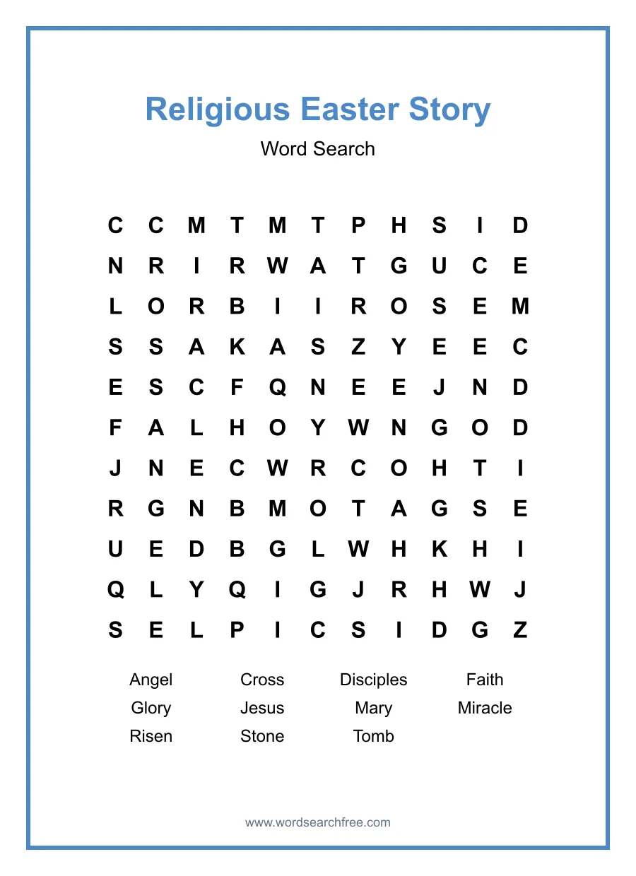 Religious Easter Story Word Search - Free printable puzzle with 11 words