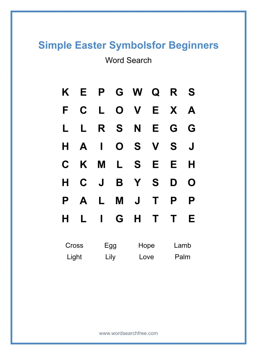 Simple Easter Symbols Word Search for Beginners - Free printable puzzle with 8 words