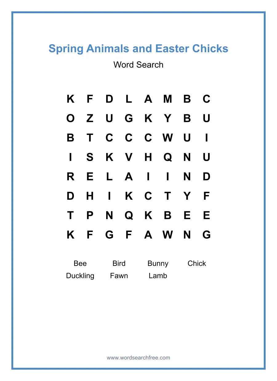 Spring Animals and Easter Chicks Word Search - Free printable puzzle with 7 words