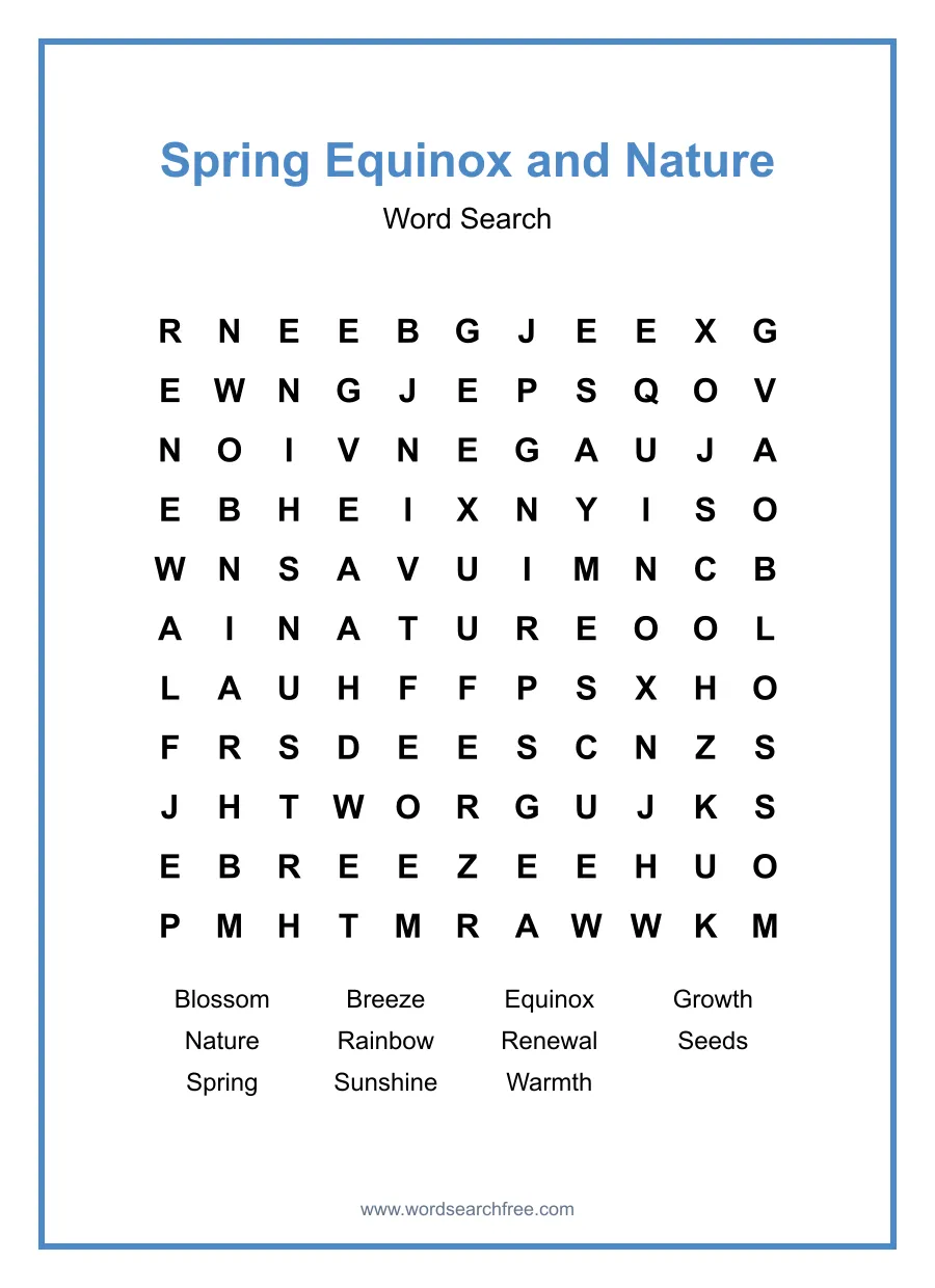 Spring Equinox and Nature Word Search - Free printable puzzle with 11 words