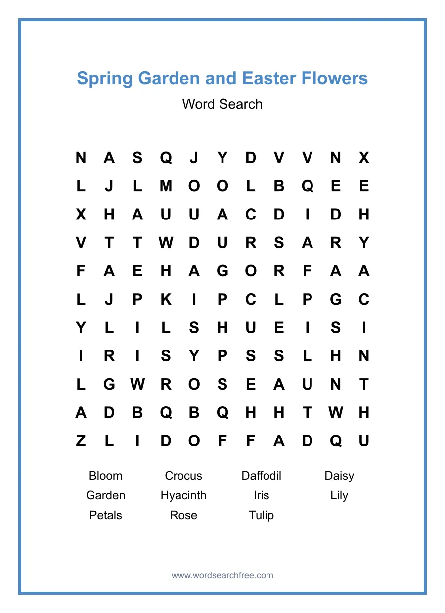 Spring Garden and Easter Flowers Word Search - Free printable puzzle with 11 words