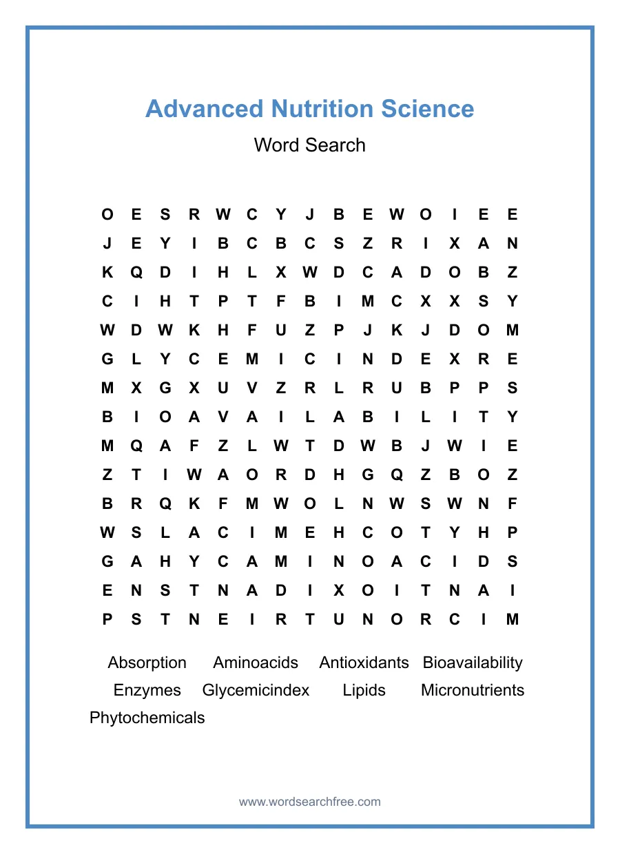 Advanced Nutrition Science Word Search - Free printable puzzle with 9 words