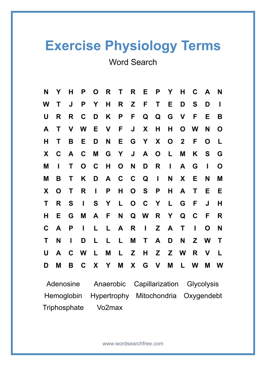 Exercise Physiology Terms Word Search - Free printable puzzle with 10 words