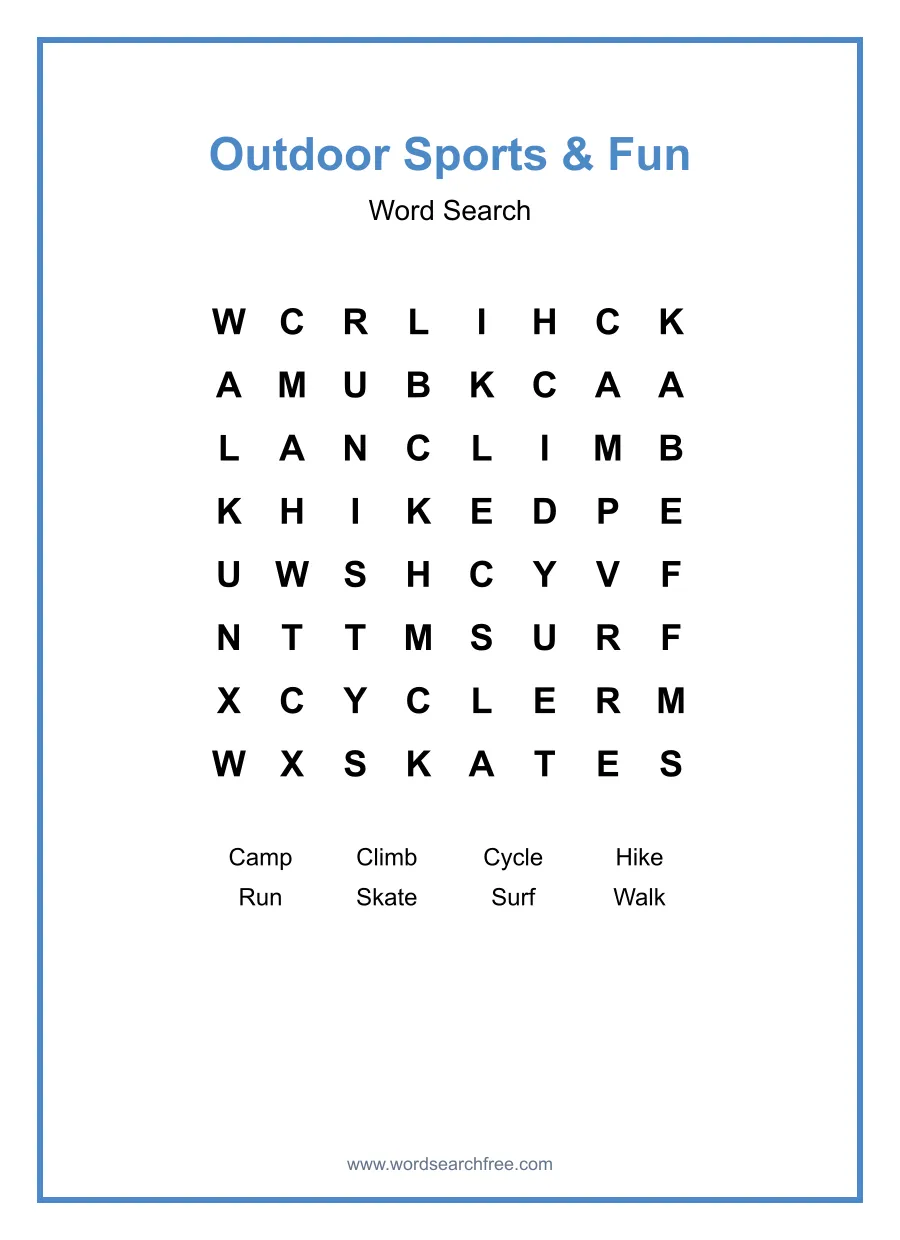 Outdoor Sports & Fun Word Search - Free printable puzzle with 8 words
