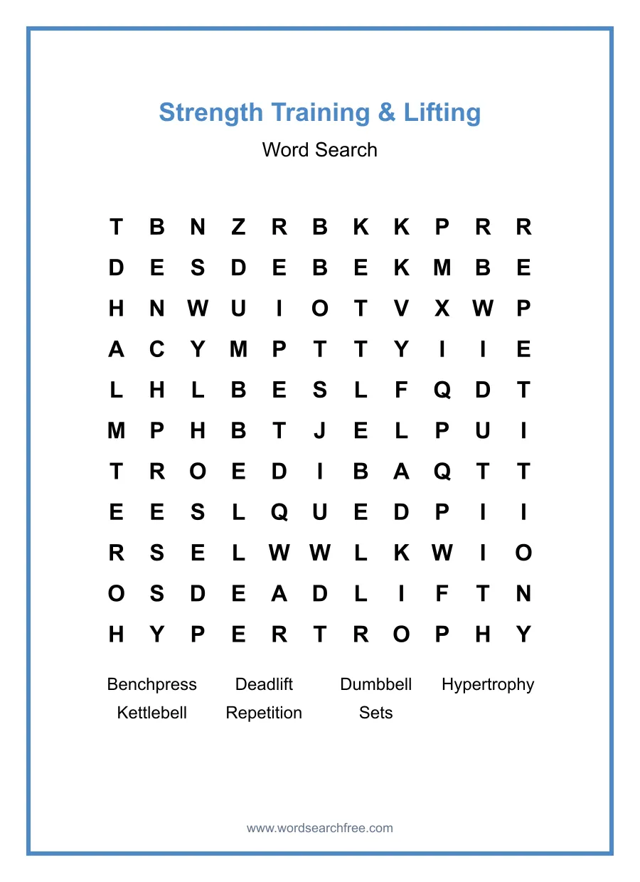Strength Training & Lifting Word Search - Free printable puzzle with 7 words
