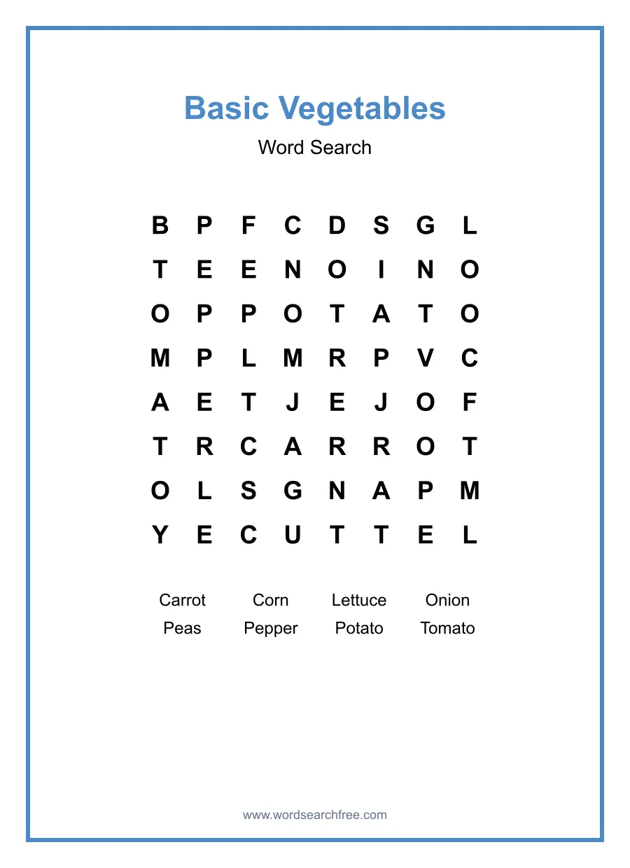 Basic Vegetables Word Search - Free printable puzzle with 8 words