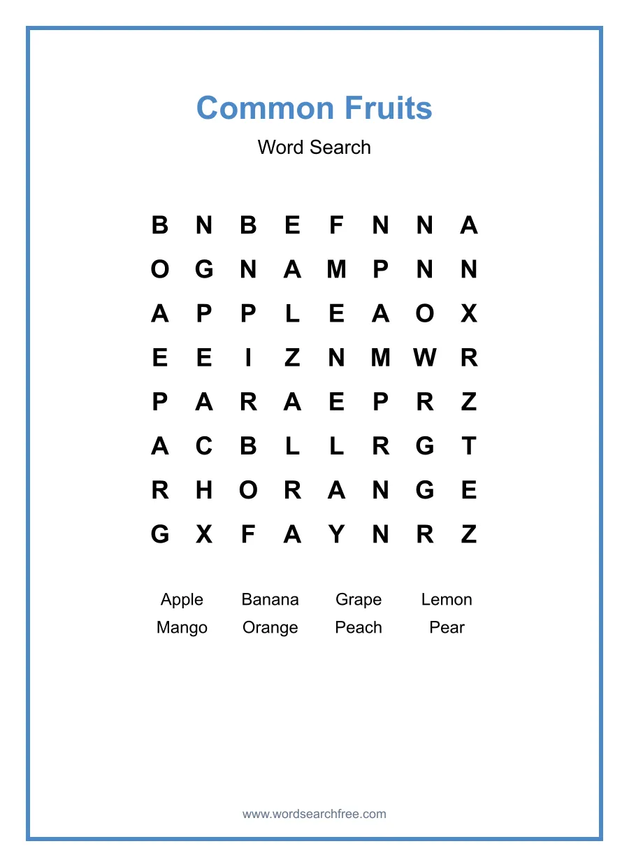 Common Fruits Word Search - Free printable puzzle with 8 words