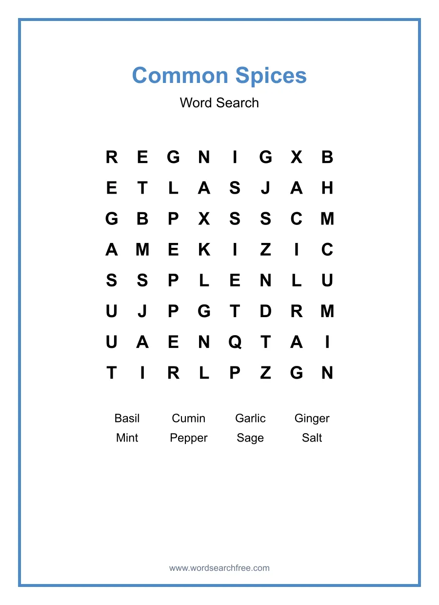 Common Spices Word Search - Free printable puzzle with 8 words