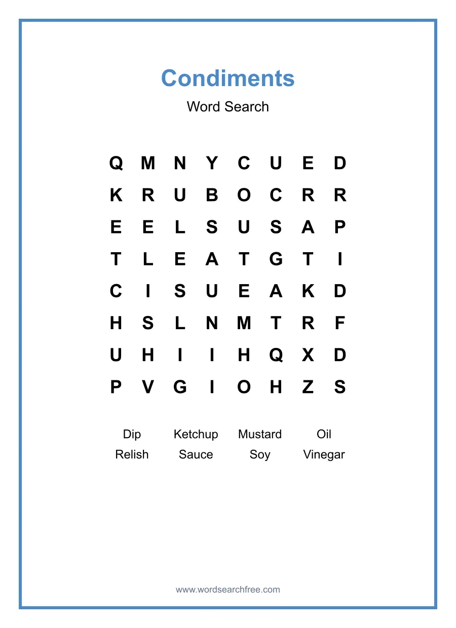 Condiments Word Search - Free printable puzzle with 8 words