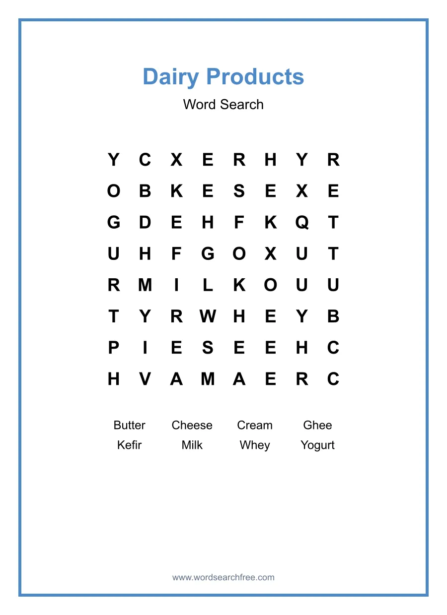 Dairy Products Word Search - Free printable puzzle with 8 words