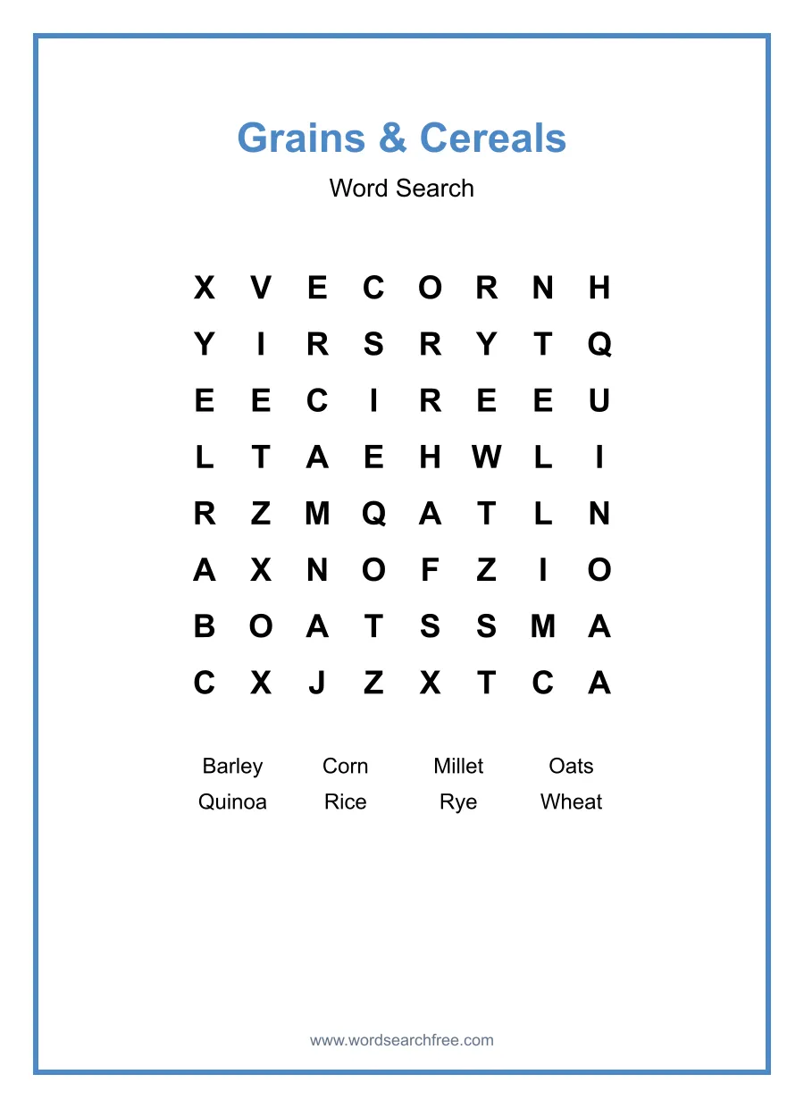 Grains & Cereals Word Search - Free printable puzzle with 8 words
