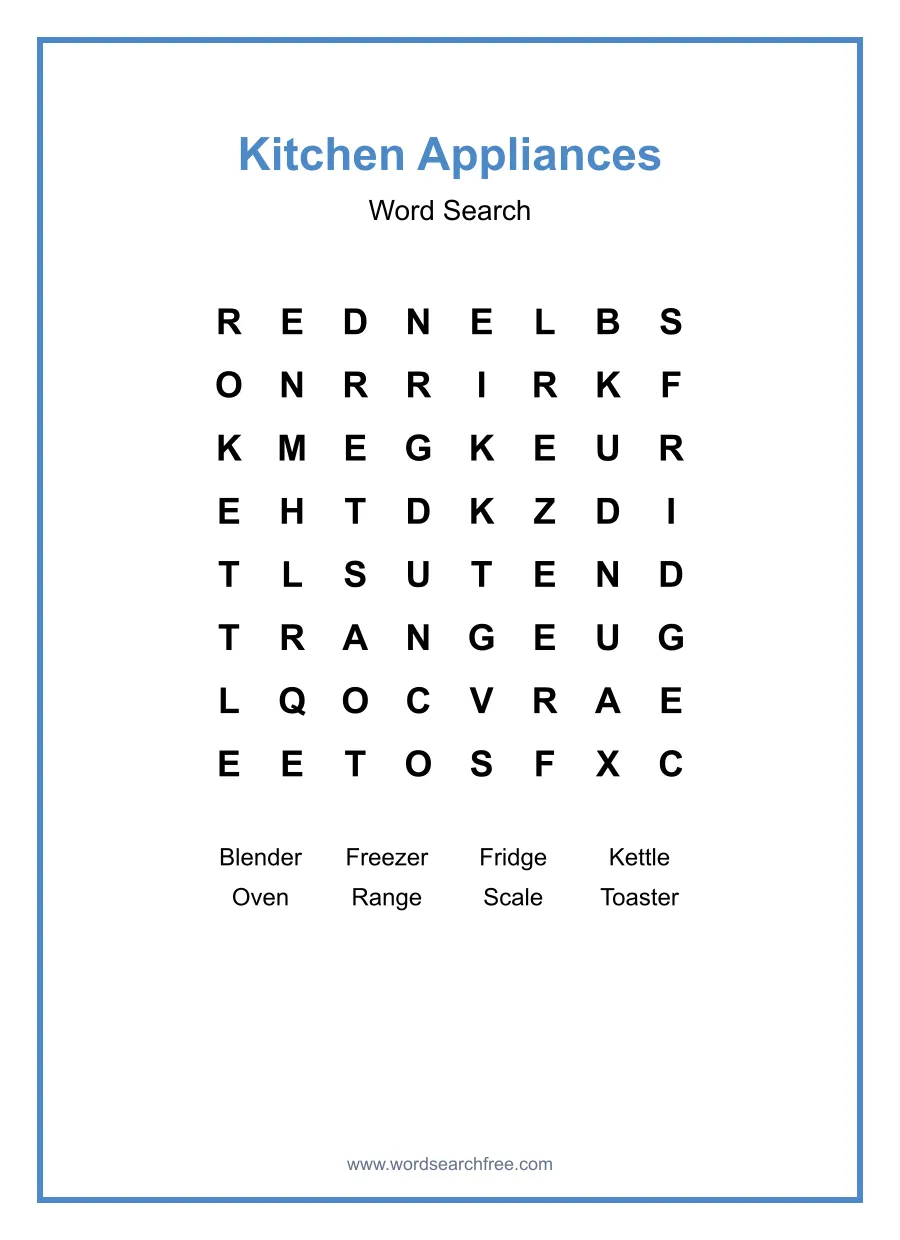 Kitchen Appliances Word Search - Free printable puzzle with 8 words
