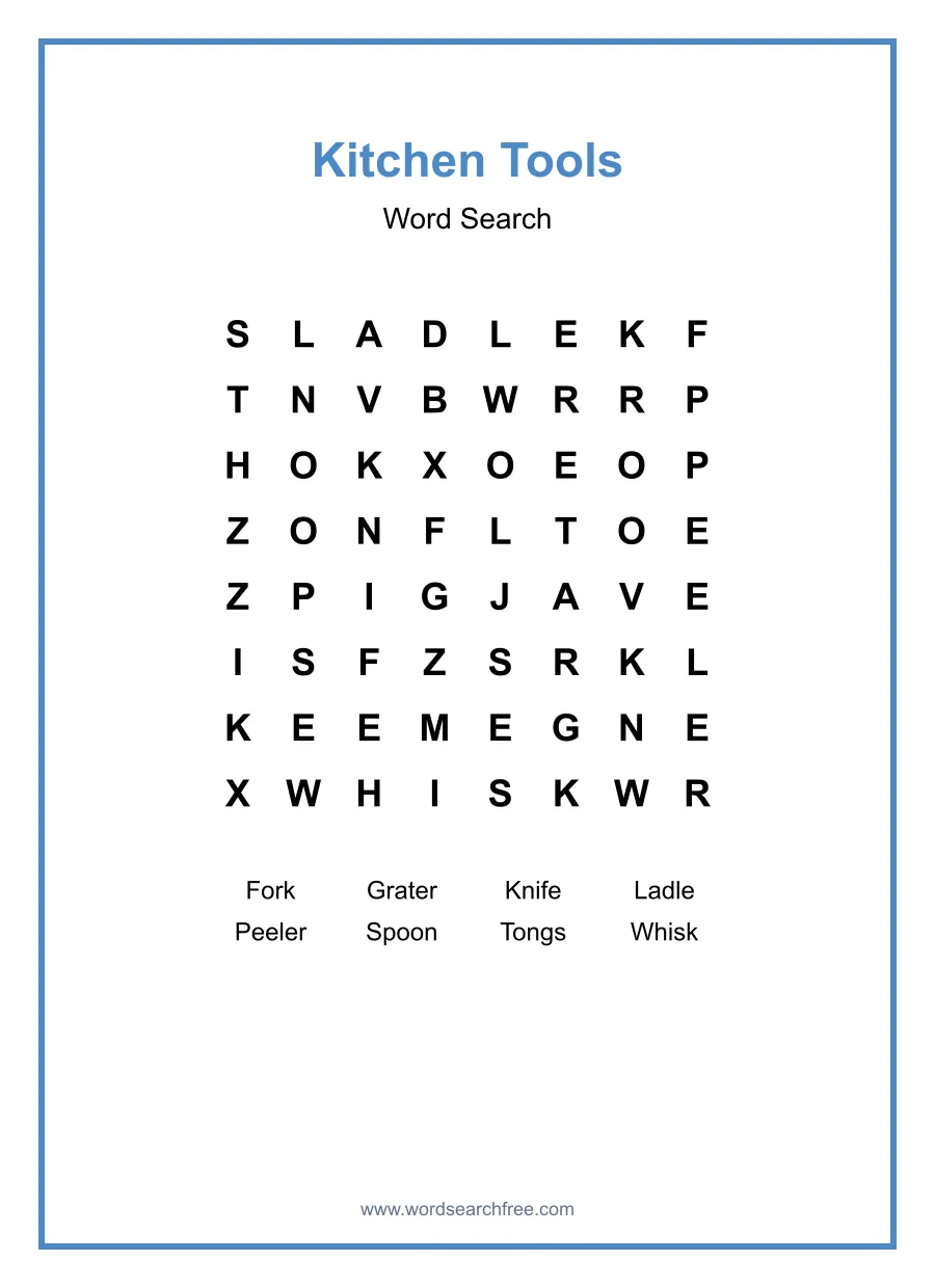 Kitchen Tools Word Search - Free printable puzzle with 8 words