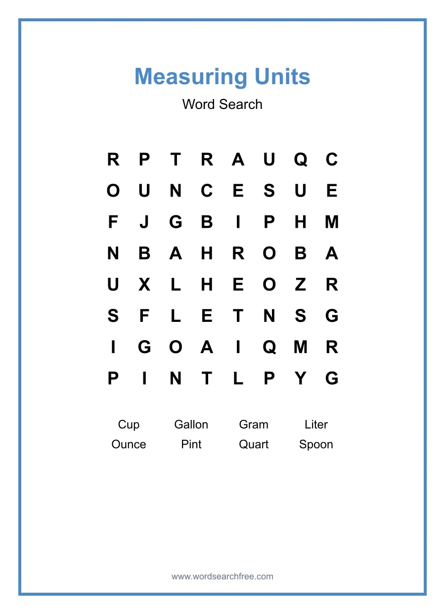 Measuring Units Word Search - Free printable puzzle with 8 words