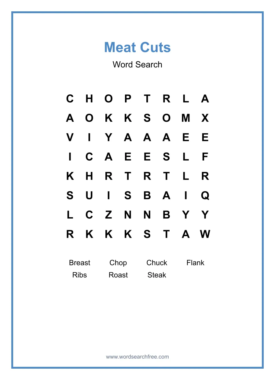 Meat Cuts Word Search - Free printable puzzle with 7 words