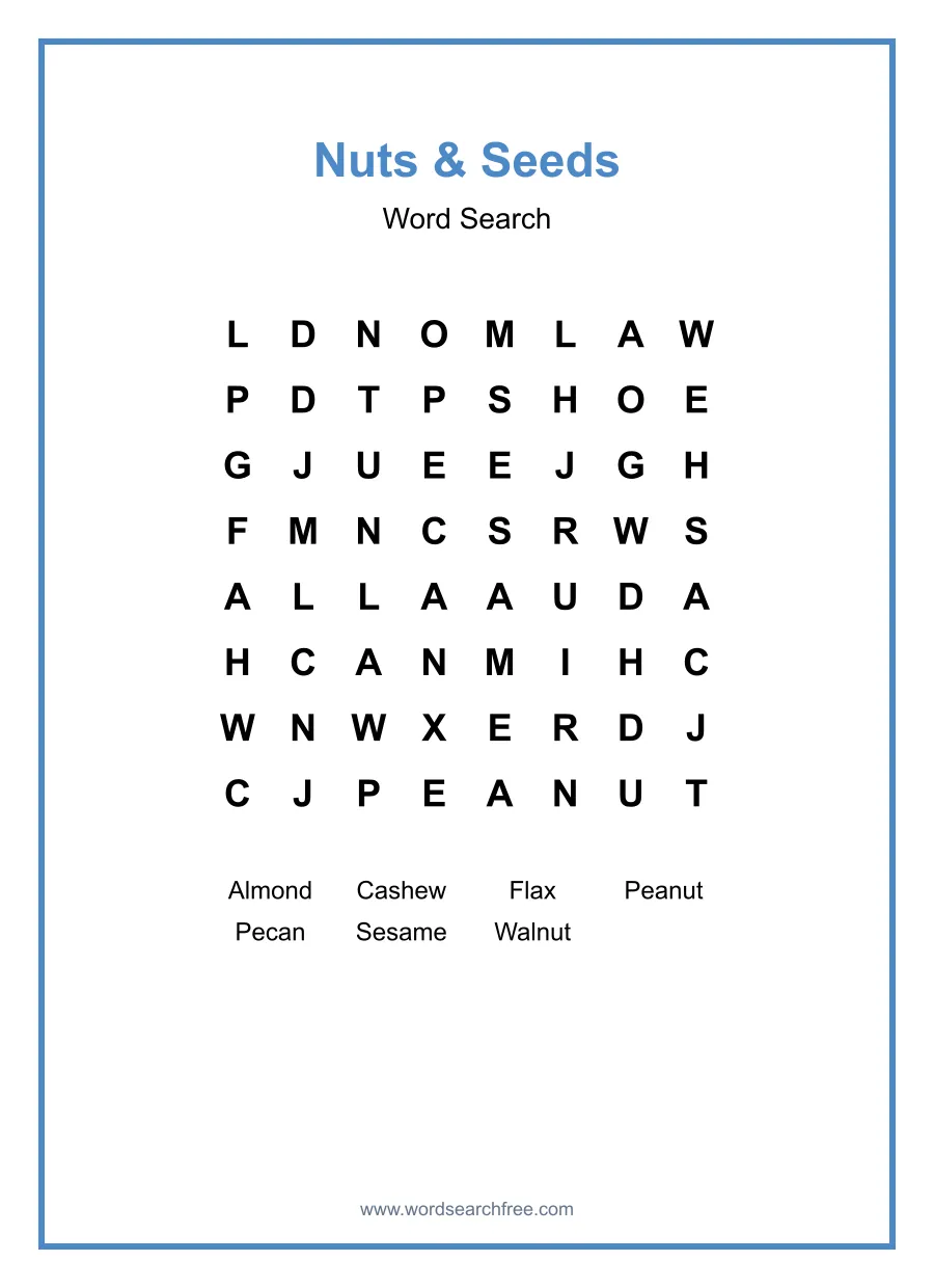 Nuts & Seeds Word Search - Free printable puzzle with 7 words