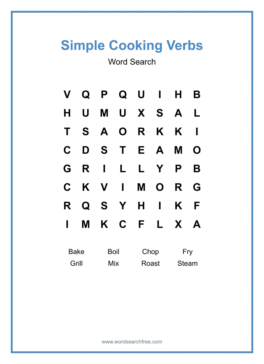 Simple Cooking Verbs Word Search - Free printable puzzle with 8 words