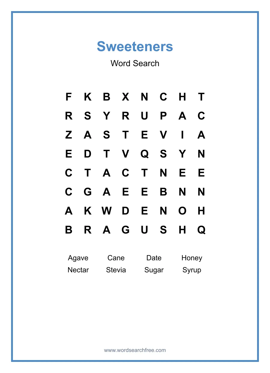 Sweeteners Word Search - Free printable puzzle with 8 words