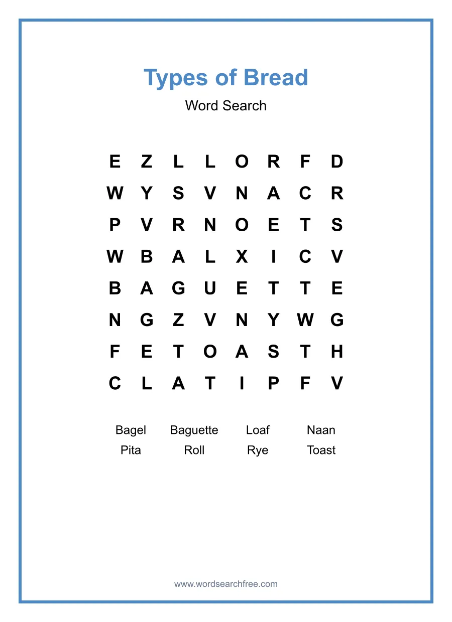 Types of Bread Word Search - Free printable puzzle with 8 words