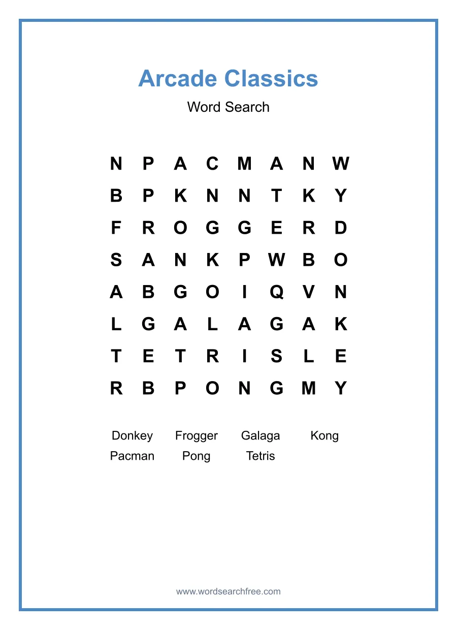 Arcade Classics Word Search - Free printable puzzle with 7 words