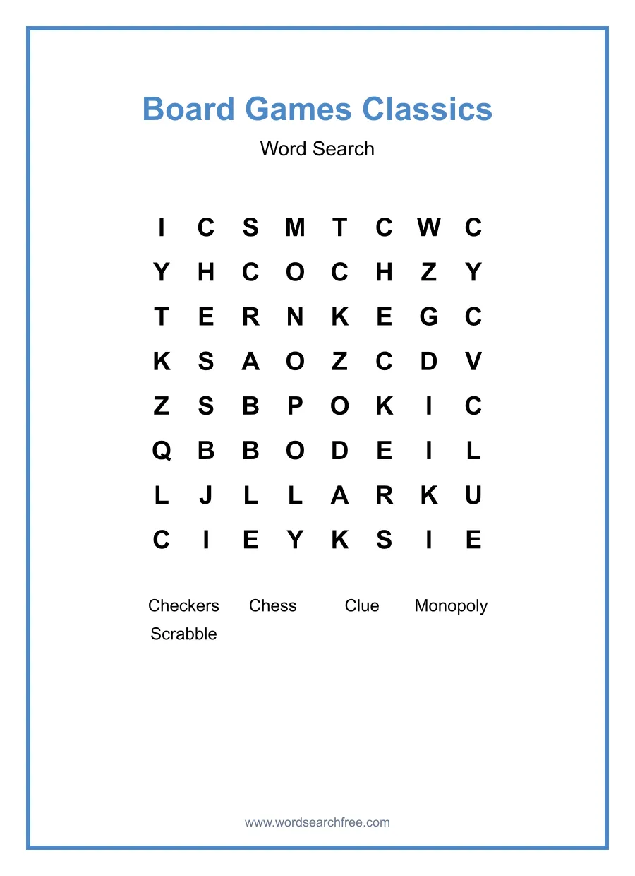 Board Games Classics Word Search - Free printable puzzle with 5 words
