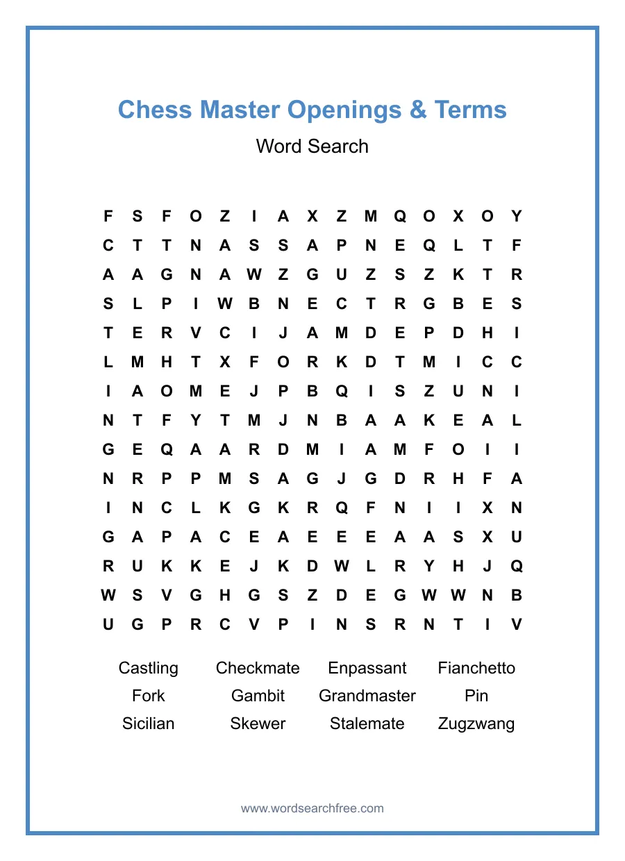Chess Master Openings & Terms Word Search - Free printable puzzle with 12 words